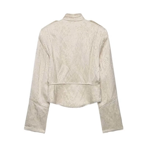 Women's cream jacquard short jacket with vintage stand collar and floral texture