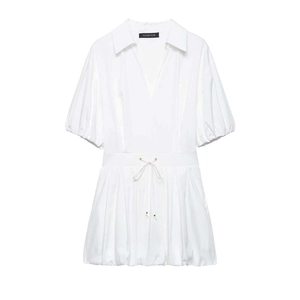 Women Elegant White Puff Sleeve Shirt Dress V Neck Drawstring Waist Pleated Mini Dress Casual Summer Short Sleeve Dress