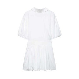 Elegant white polo collar mini dress with puff sleeves and pleated skirt for summer