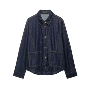 Women Vintage Dark Blue Denim Top And Wide Leg Pants Casual Loose Denim Jacket And High Waist Trousers Polyester Outfit