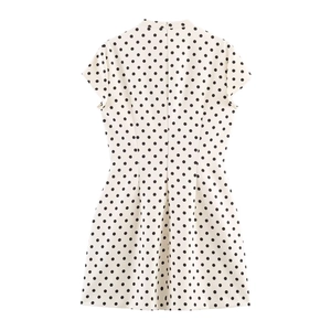 Detail of white short sleeve polka dot dress back with invisible zipper closure