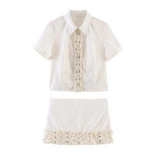 Women Vintage Off-White Ruffle Short Sleeve Blouse And Pleated Mini Skirt With Metal Rivet Accents Elegant Skirt Suit