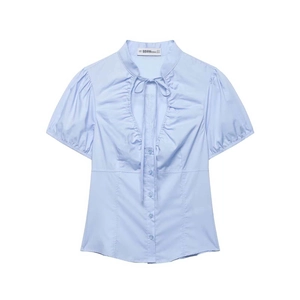 Women Elegant Light Blue Puff Sleeve Ruched Blouse With Tie Neck Ruffles Button Down Short Sleeve Casual Shirt Summer Office Wear