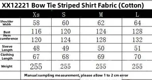 Detailed size chart for striped bow poplin shirt showing XS-L measurements in cm