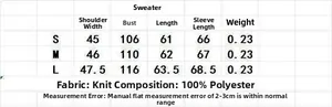 Size guide table for loose color-block knit sweater showing S, M, and L dimensions