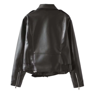 Vue arrière d'un blouson motard classique en similicuir noir avec zips métalliques