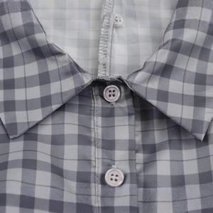 Classic grey plaid shirt dress featuring a lapel collar and button-up front design