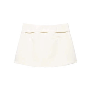 White high-waisted A-line mini skirt with a wide waistband and tailored design
