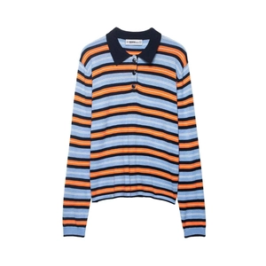 Women Casual Striped Long Sleeve Knit Polo Sweater Contrast Color Lapel Pullover Top Fall Fashion Knitted Sweater