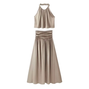 Women Elegant Satin Halter Neck Top And Bottom Light Khaki Sleeveless Pleated Maxi Skirt Casual Two Piece Outfit