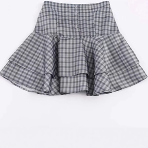 Summer gray plaid mini skirt with layered ruffles and classic decorative front buttons