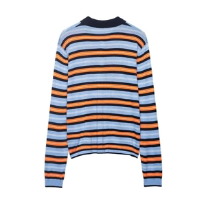 Relaxed long-sleeved polo knit sweater with blue and orange stripes, back view flat lay