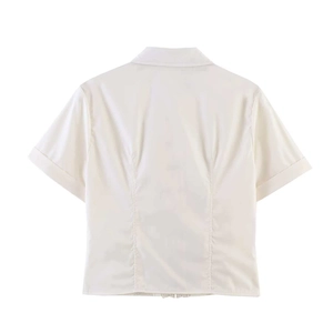 Minimalist beige short-sleeve shirt with lapel collar and waist stitching back view