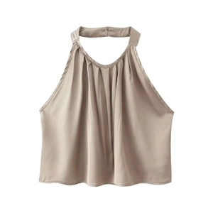 Elegant champagne satin halter top with pleated neckline and glossy finish fabric