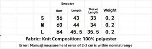Size chart table for minimalist knit sweater showing chest, length, and sleeve dimensions