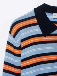 Detail view of the navy blue polo collar and knit texture on this striped pullover sweater