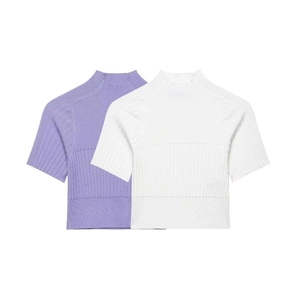Women's Casual Ribbed Knit Mock Neck Short Sleeve T-Shirt Slim Fit Polyester Solid Color Summer Knit Sweater Top