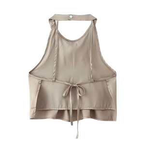 Elegant champagne satin halter neck backless top with draped hem and tie-back waist