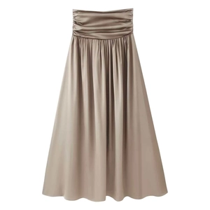 Elegant champagne satin maxi skirt with high waist pleats and a flowing A-line silhouette