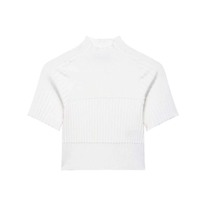 Elegant white mock neck short sleeve knit top with ribbed texture for women