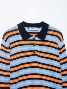 Detail of multi-color striped knit polo shirt with black collar and three-button placket