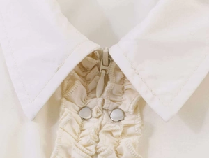 Detail of ruffled shirt neckline with silver snap buttons and hidden zipper in off-white