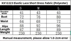 Size guide table for the stretch lace mini dress including S, M, and L measurements