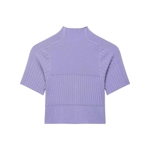 Short sleeve slim fit knit top with high neck and ribbed texture in lavender purple