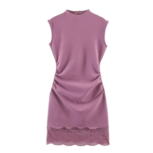 Slim fit sleeveless lace hem mini dress in dusty pink featuring a high neckline and ruching