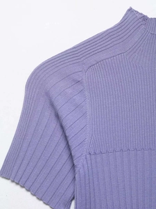 Detail showing the ribbed knit texture and mock neck of the lavender short sleeve top