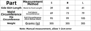 Detailed size chart for dark brown wool blend mini skirt with S, M, and L measurements
