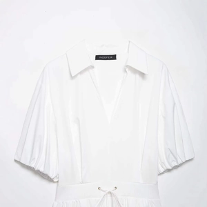 Elegant white short-sleeved shirt dress with puff sleeves and drawstring waist