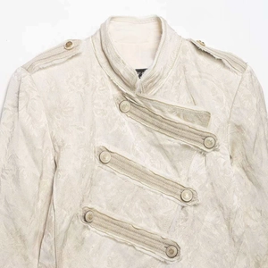 Vintage ivory jacquard military jacket with stand collar and decorative metal buttons