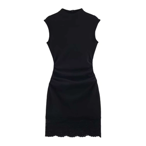 Elegant black sleeveless high neck dress with side ruching and delicate lace hem detail