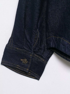 Detailed close-up of dark blue denim sleeve featuring orange stitching and gold button