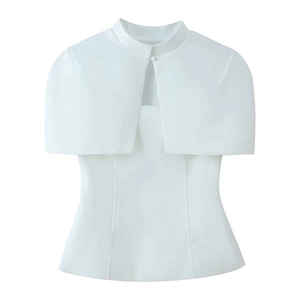 Elegant white short sleeve top with mandarin collar and stylish cape-style overlay