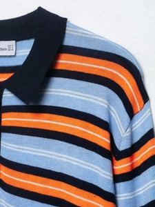 Close-up of blue and orange striped knit polo shirt showing texture and collar detail