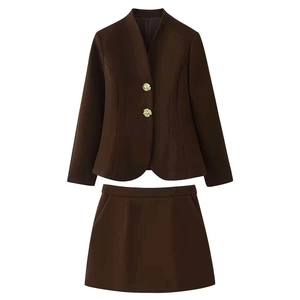 Women Vintage Elegant Dark Brown Polyester Jacket And Mini Skirt Patchwork Stitching Office Commute Solid Color Top And Bottom