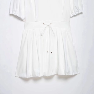 Elegant white puff sleeve mini dress with high drawstring waist and pleated skirt detail