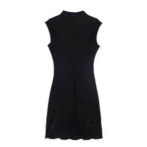 Detail of a black sleeveless mini dress featuring a delicate lace hem and back zipper
