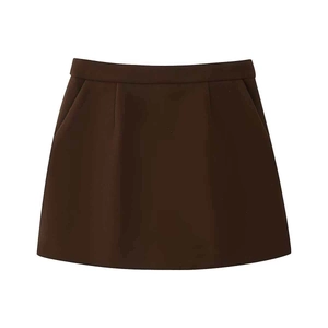 Women's dark brown high-waisted wool blend A-line mini skirt with side pockets