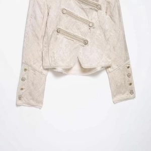 Vintage beige jacquard jacket with double-breasted metal buttons and raw edges