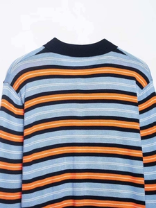 Close-up detail of knitted fabric showing blue and orange striped pattern and texture