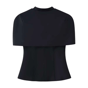 Detail of black double-layered sleeveless top with structured cape overlay and vertical stitching