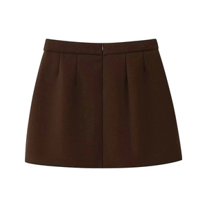 Detail of dark coffee brown wool mini skirt with high waist and concealed rear zipper