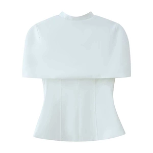 Chic white short-sleeved cape blouse with pleated waist and professional stand collar