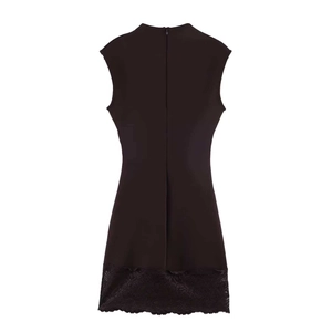 Detail view of the back showing a slim fit lace dress with hidden central zipper