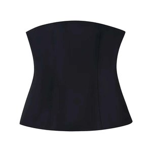 Close-up of black strapless corset top with hourglass silhouette and clean tailoring