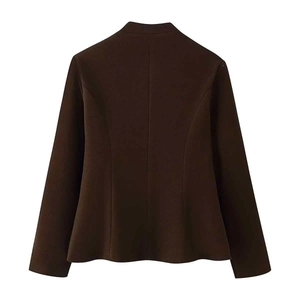 Deep coffee wool blazer for women with a slim fit waist and textured back view