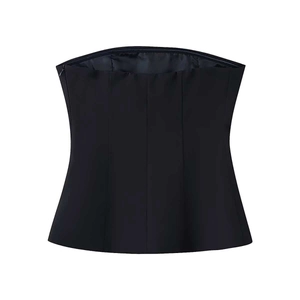 Detail view of black corset top with slimming boning structure and side zipper closure